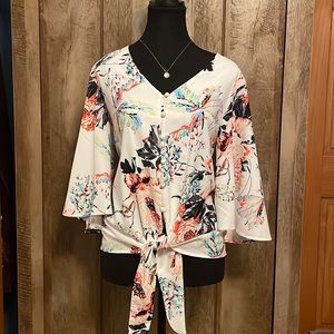 luvamia Women's V Neck Tops 3/4 Sleeve Tie Knot Floral Blouses Button Down Shirt